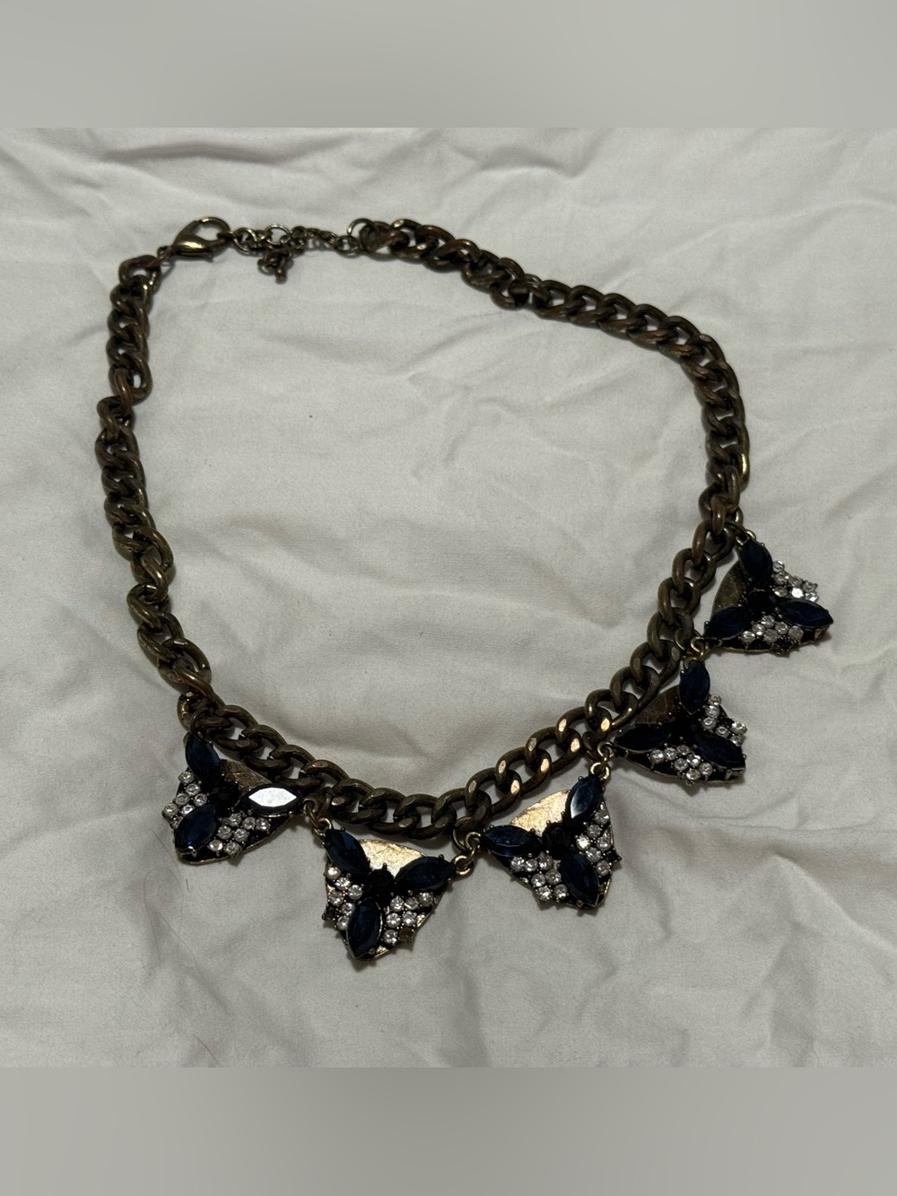J. Crew Navy and Gold Dainty Statement Necklace with Crystal Drops